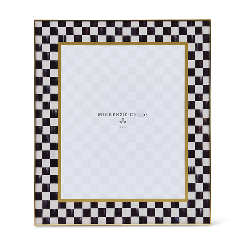 Courtly Check 8x10 glass frame with black and white checkered pattern and brass trim.