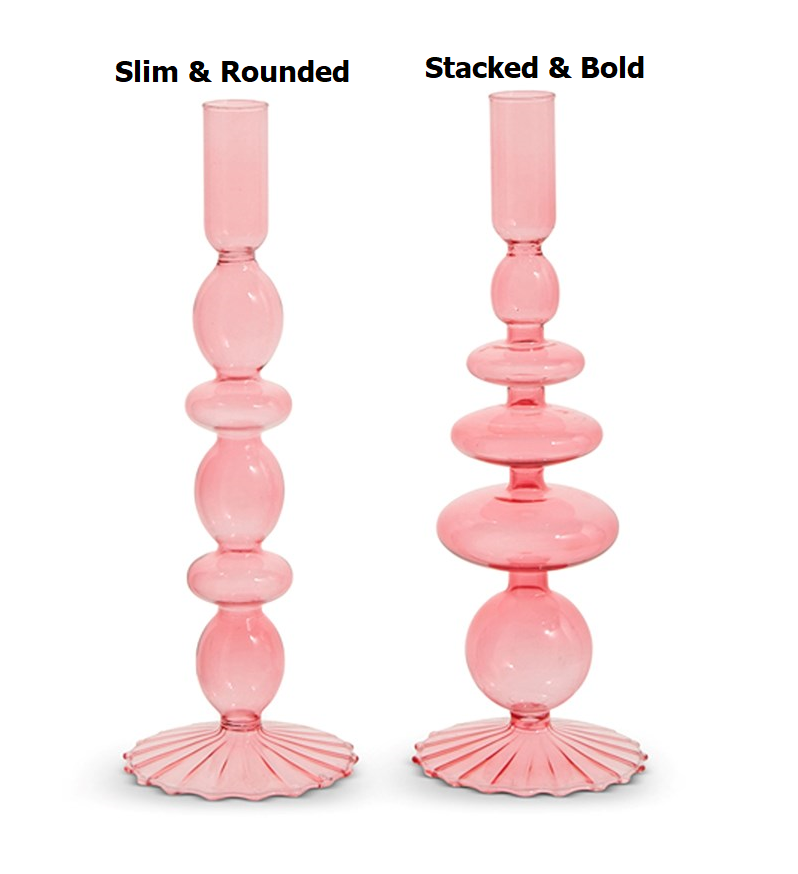 Pink glass candlestick measuring 3.5 inches wide by 10.25 inches tall.