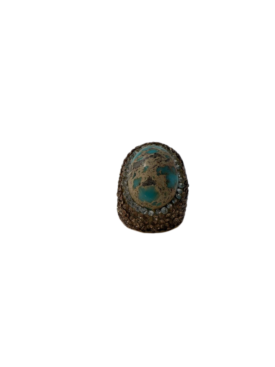 Fashion gemstone ring featuring a large oval turquoise stone set in a textured bronze-tone band.