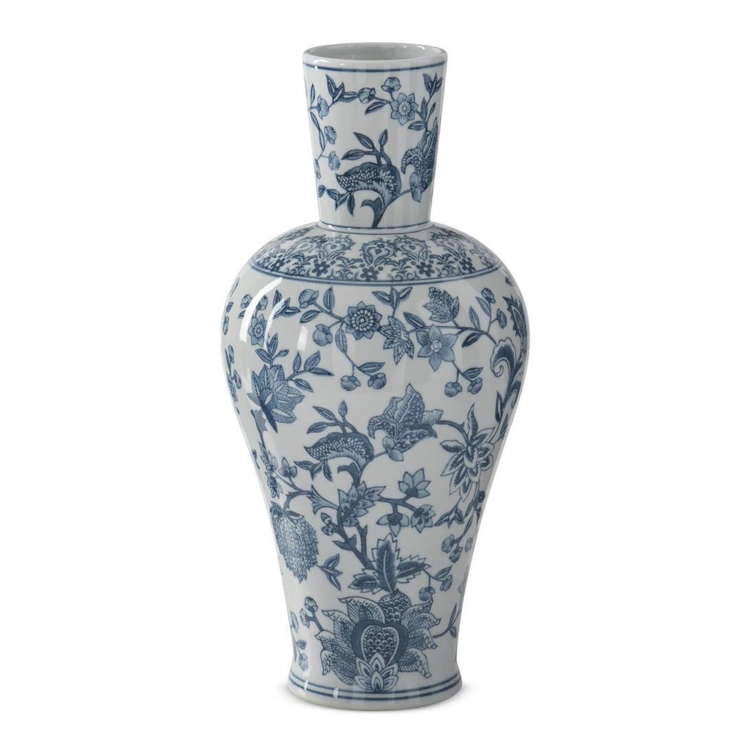 Navy blue and white porcelain fluted chinoiserie vase with a cylindrical silhouette.