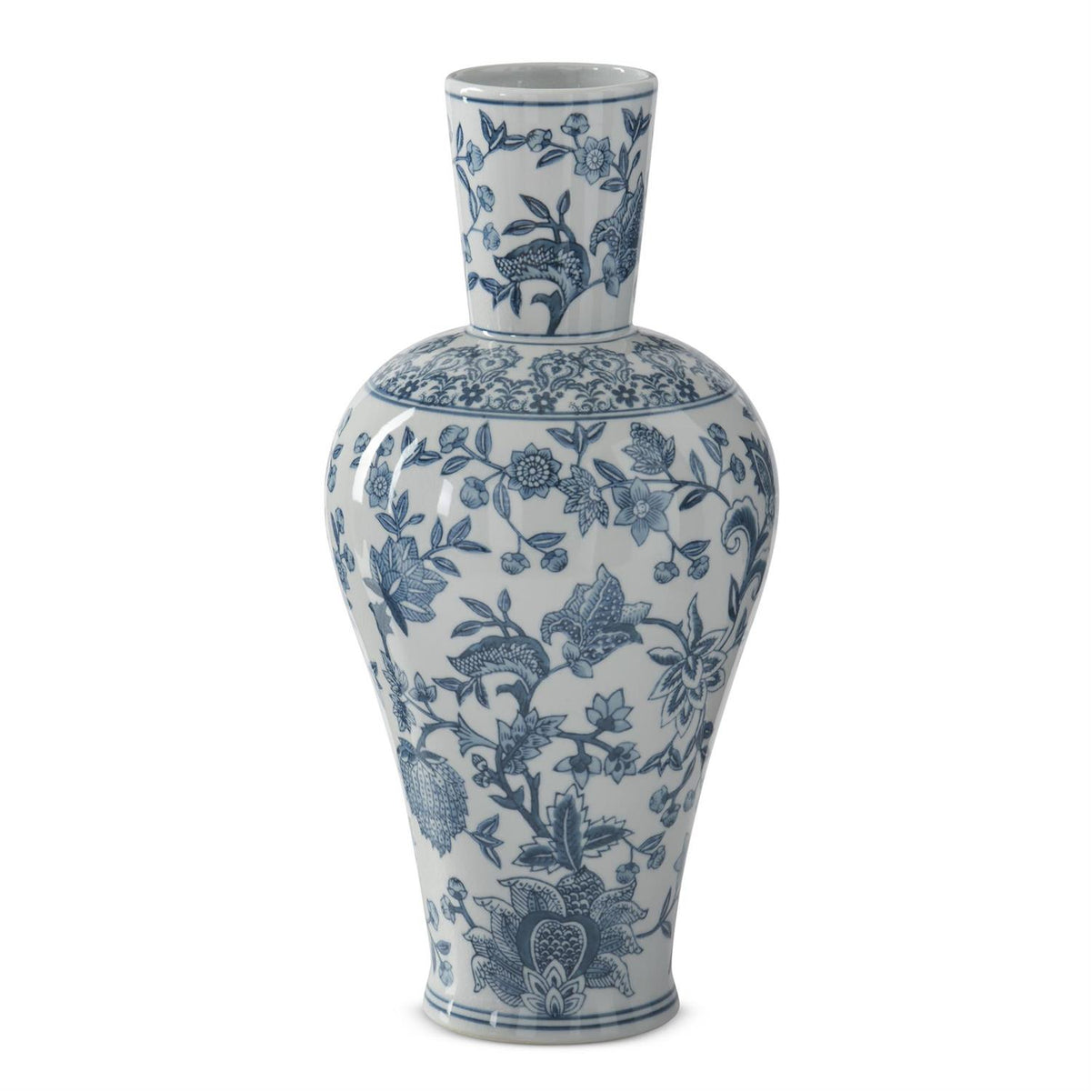 Navy blue and white porcelain fluted chinoiserie vase with a cylindrical silhouette.