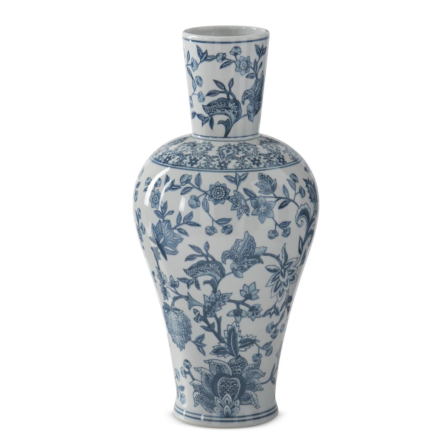 Navy blue and white porcelain fluted chinoiserie vase with a cylindrical silhouette.