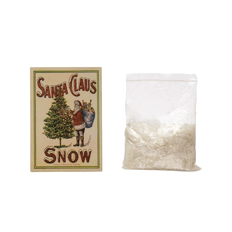 Box of Santa Claus Snow mica flakes in red with gold glitter accents.
