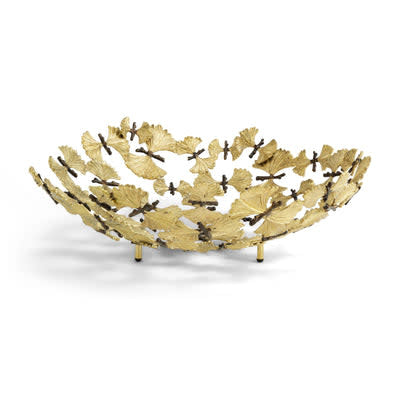 Solid brass centerpiece bowl with hand-etched cocoon vessels in natural oxidized finish