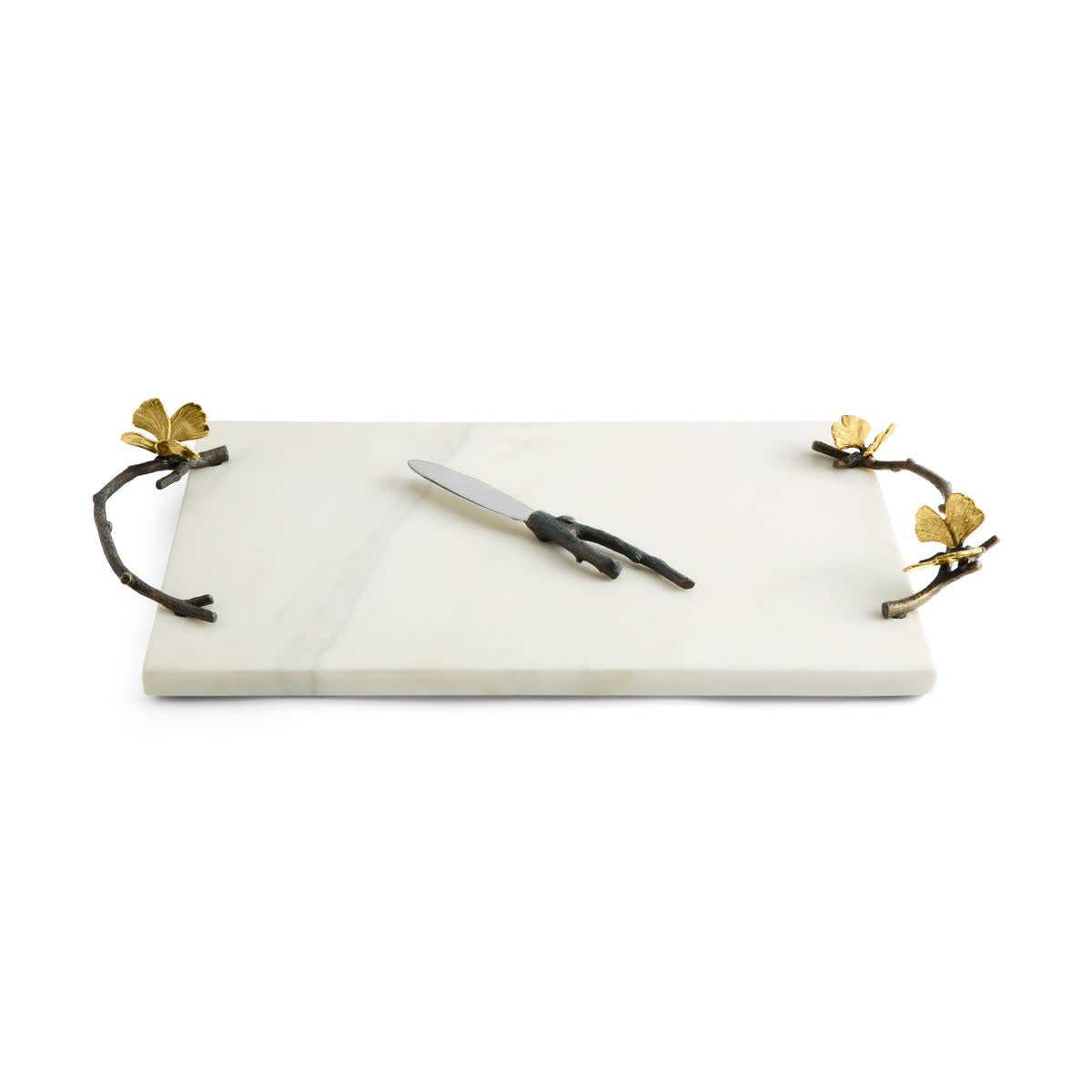 Solid brass cheese board shaped like a butterfly ginkgo leaf with hand-etched cocoon vessels and matching knife.