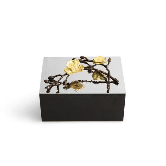 Gold Orchid granite urn with oxidized brass accents in a rectangular shape.