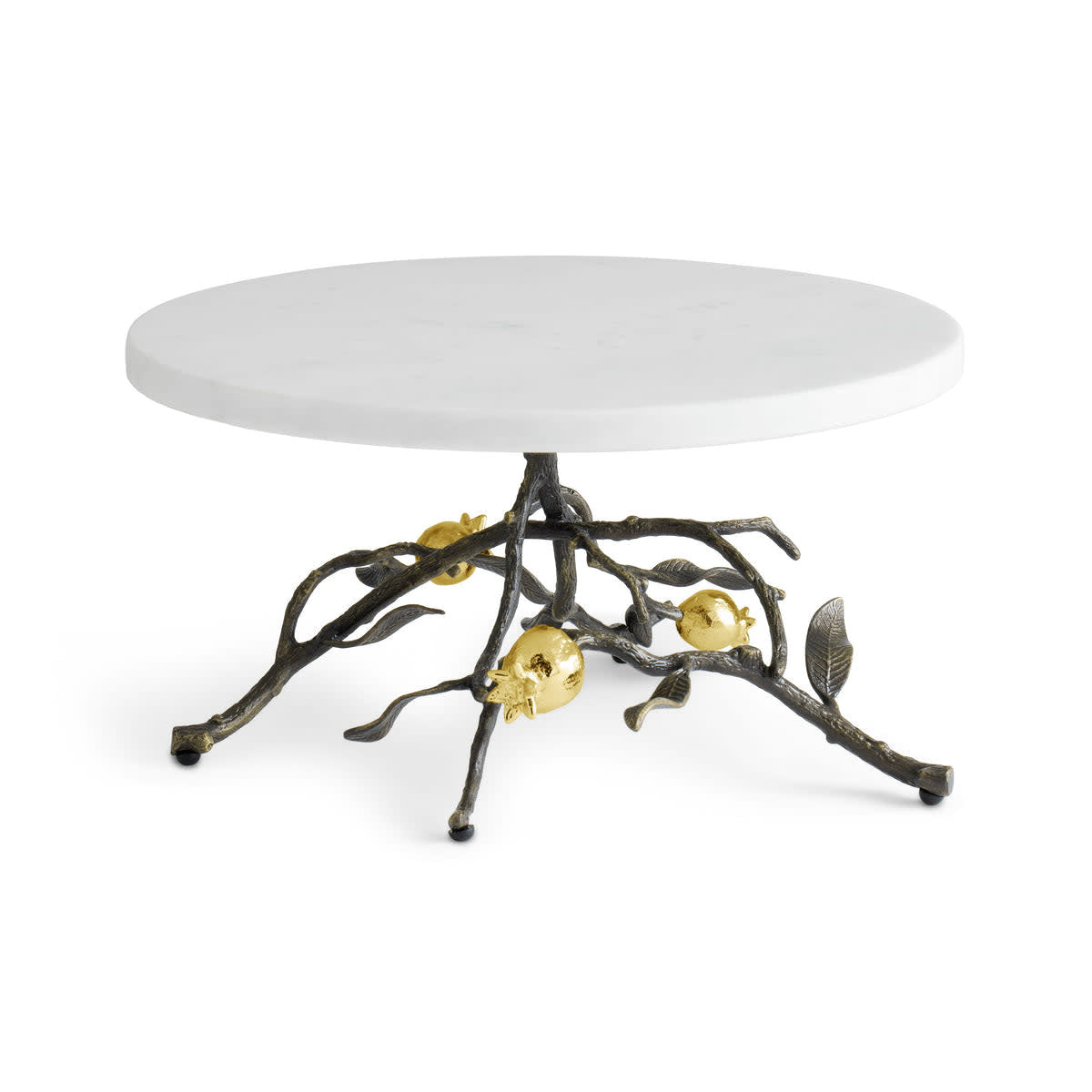 Michael Aram Pomegranate cakestand with sculpted fruit cluster silhouette in polished brass finish