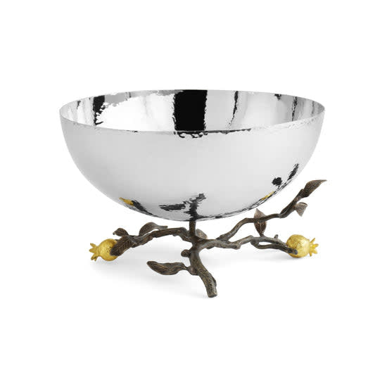 Stainless steel pomegranate serving bowl with oxidized brass goldplate finish and organic fruit silhouette.