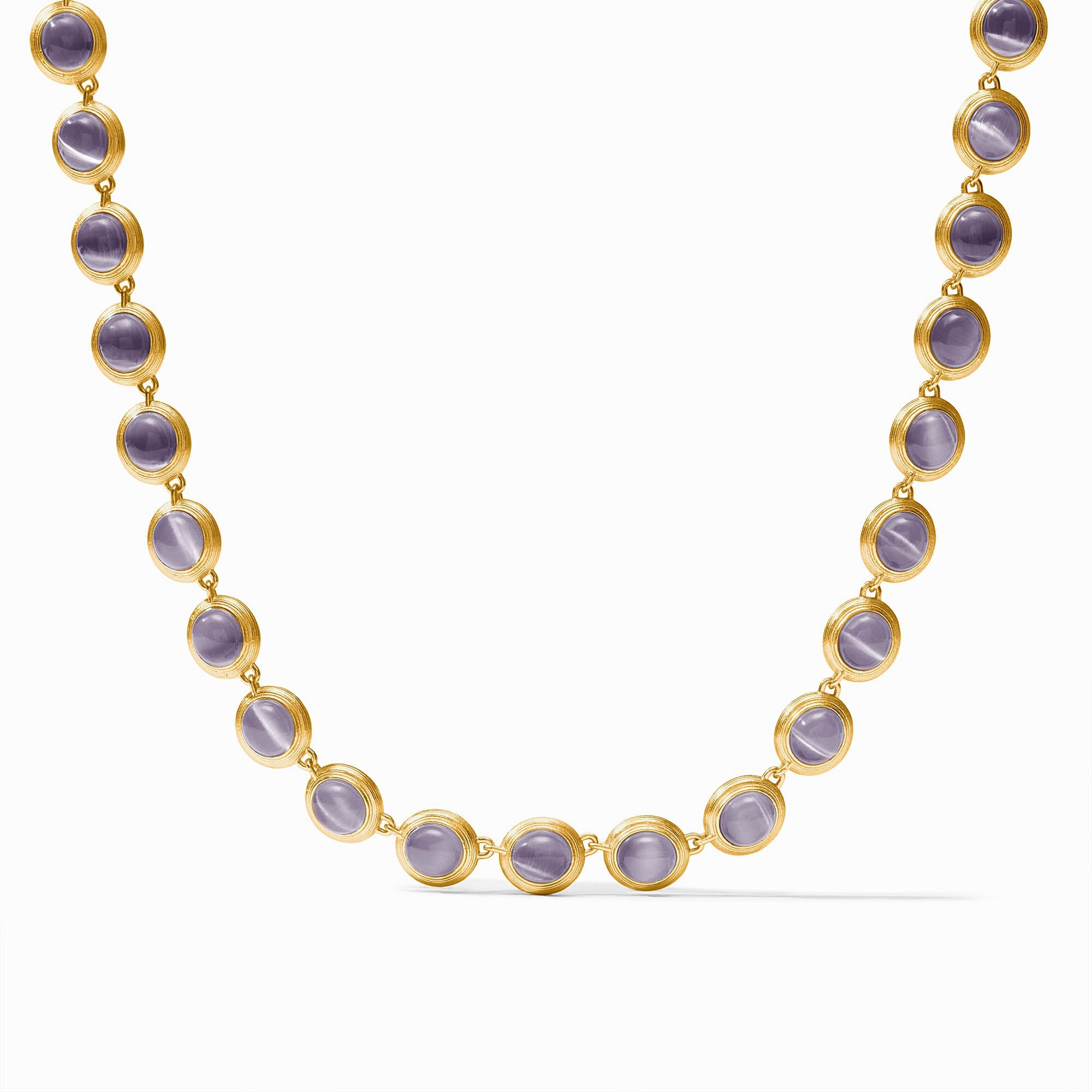 Cobblestone Tennis Necklace in 24K gold plate with a row of round purple glass stones.