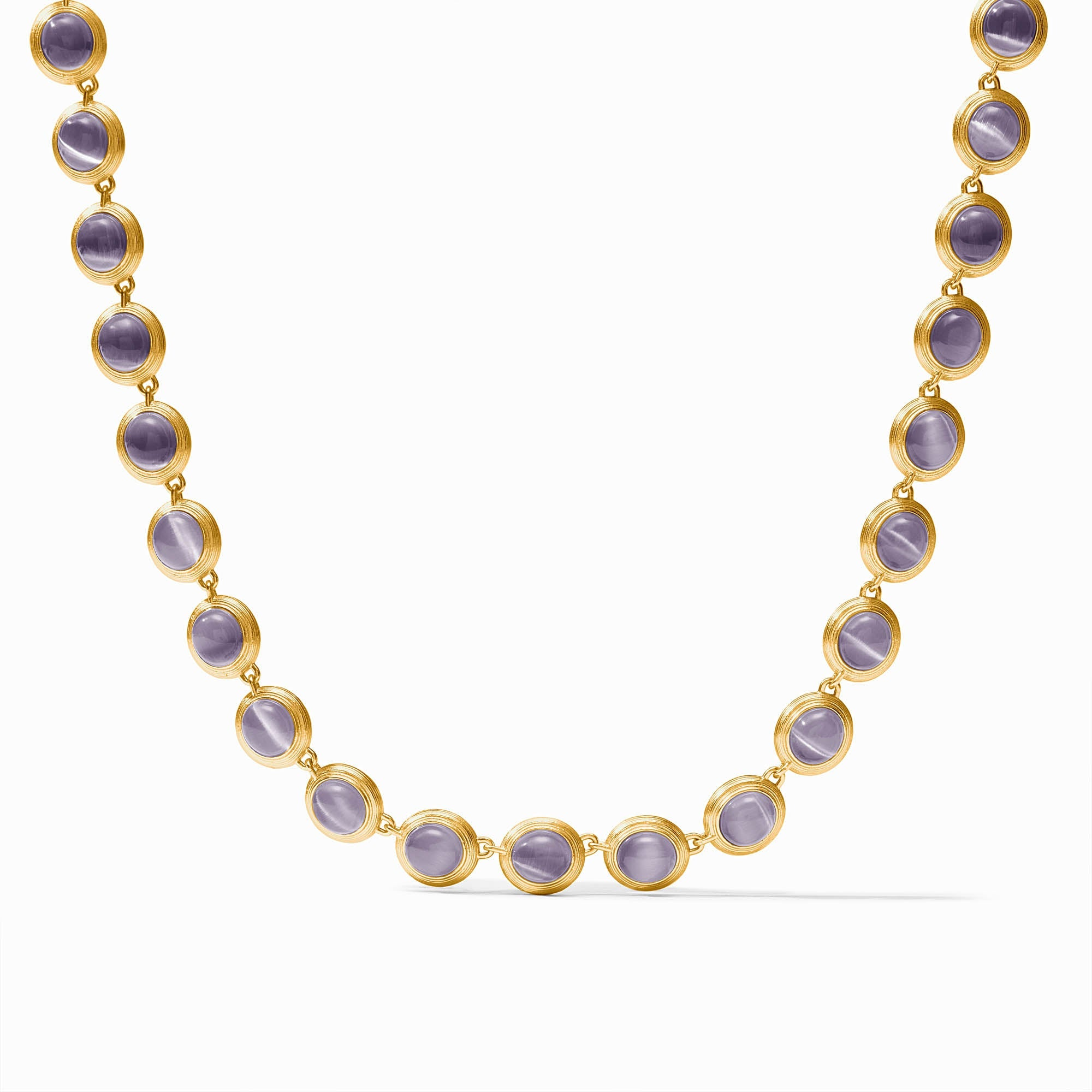 Cobblestone Tennis Necklace in 24K gold plate with a row of round purple glass stones.