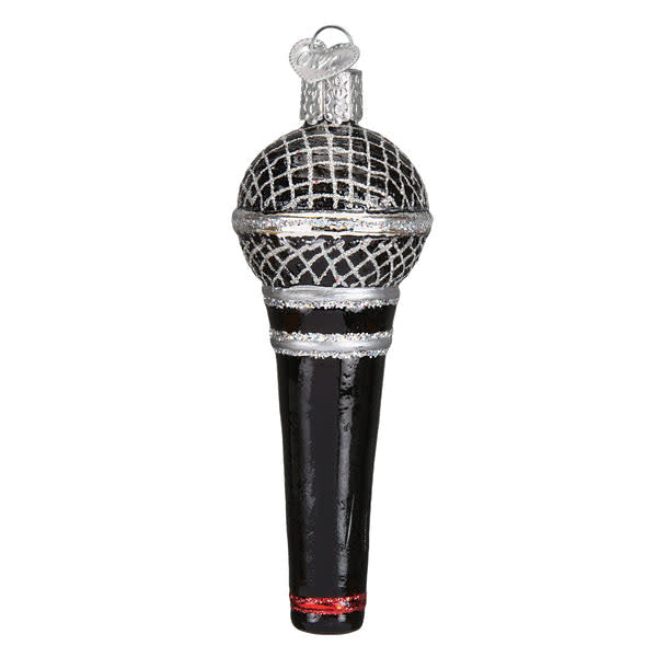 Glass microphone ornament with silver accents and hand-painted glitter finish