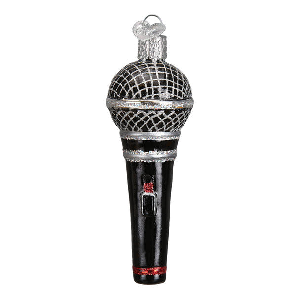 Glass microphone ornament with silver accents, hand-painted finish in red.
