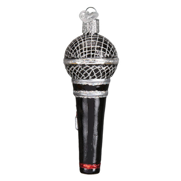 Glass microphone ornament with silver accents and hand-painted glitter finish