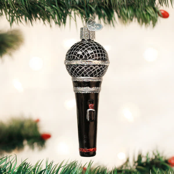 Hand-painted glass microphone ornament with silver accents in a classic mic shape.