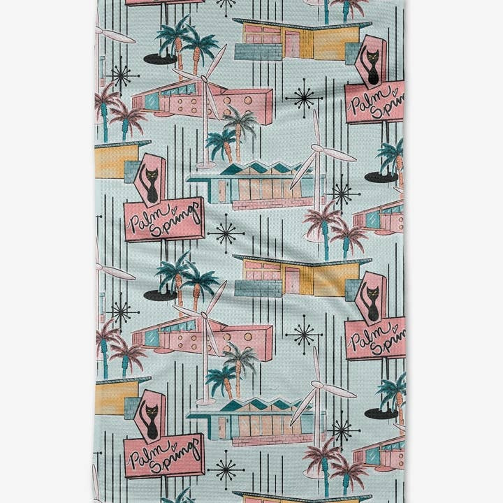 Mid-century style tea towel with single-sided print in waffle weave construction