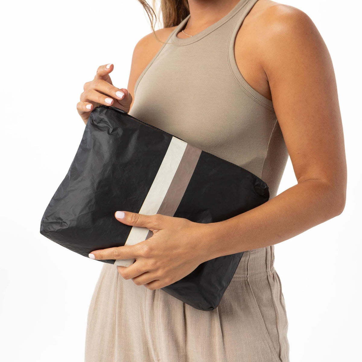 Mid Pouch bag in black with Caffe on Black striped print