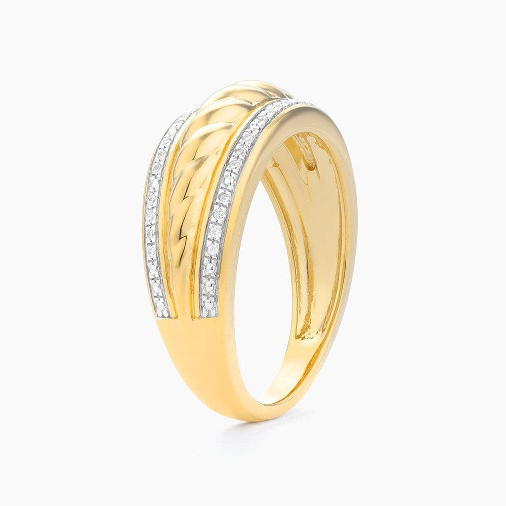 Side view of a silver rope-patterned stackable band ring with small diamonds.