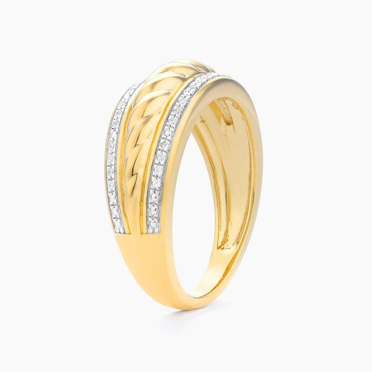 Side view of a silver rope-patterned stackable band ring with small diamonds.