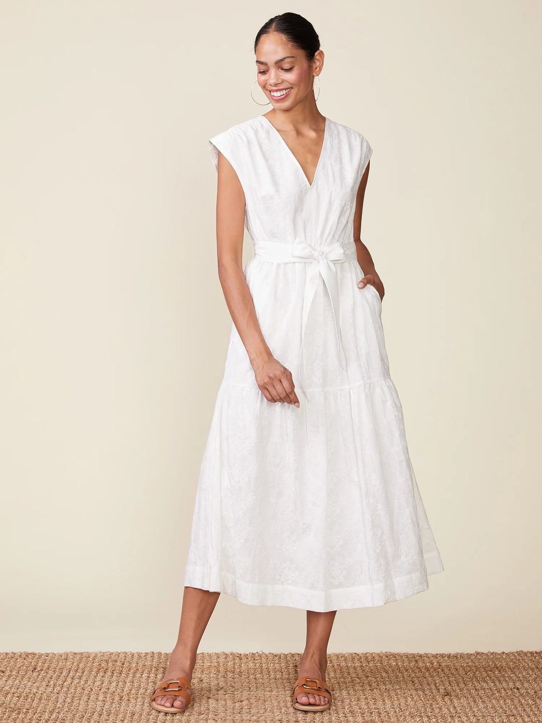Rylie Embroidered Cotton V-neck Midi Dress