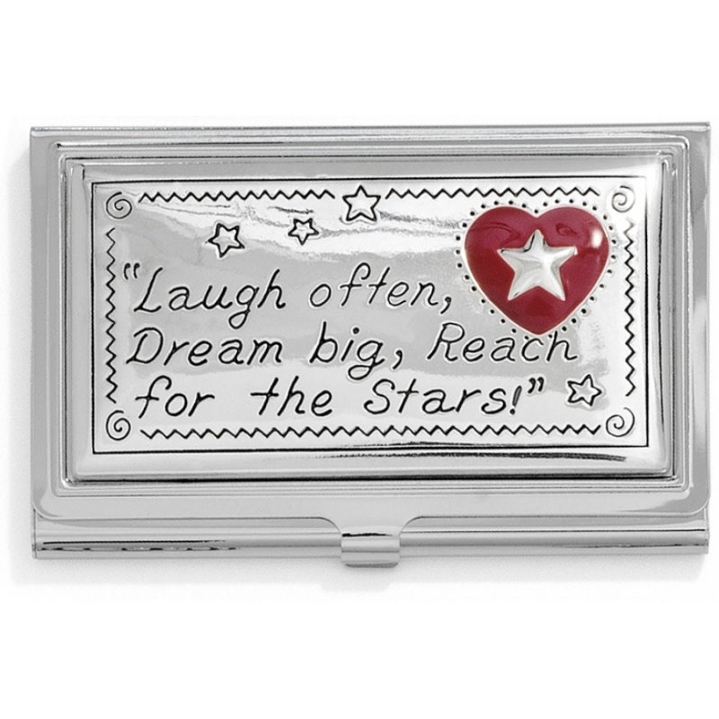 Silver-plated card case with red accents featuring a clasp closure.
