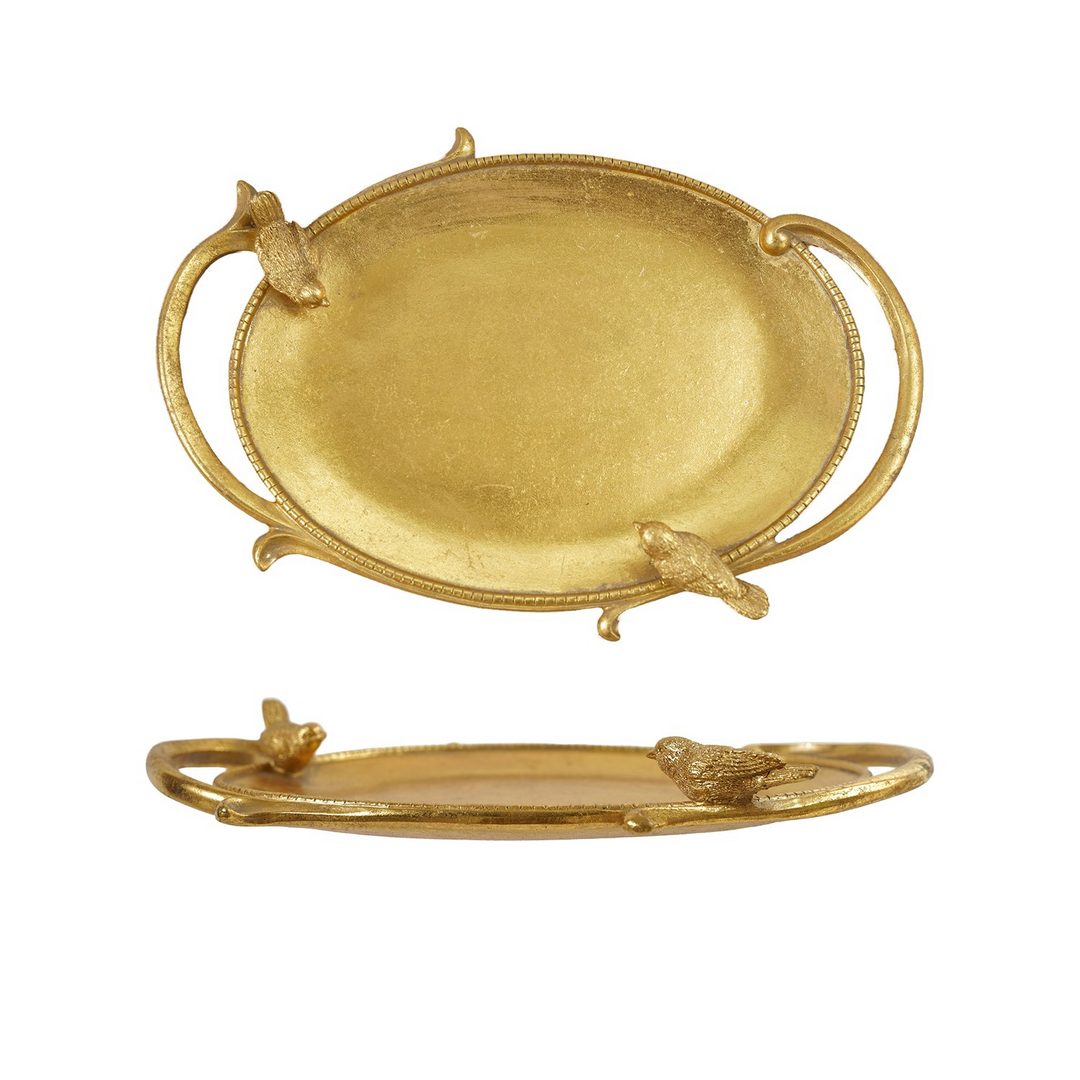 Gold oval decorative resin tray with handles and two bird figurines on the rim.