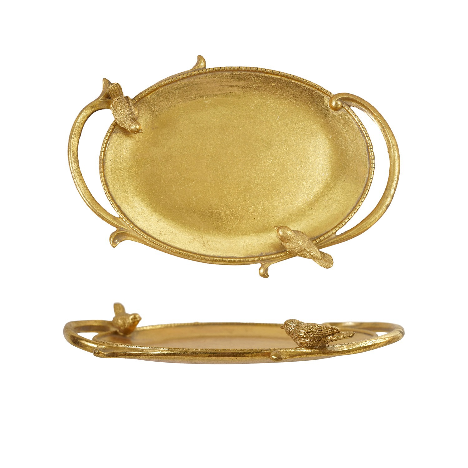 Gold oval decorative resin tray with handles and two bird figurines on the rim.