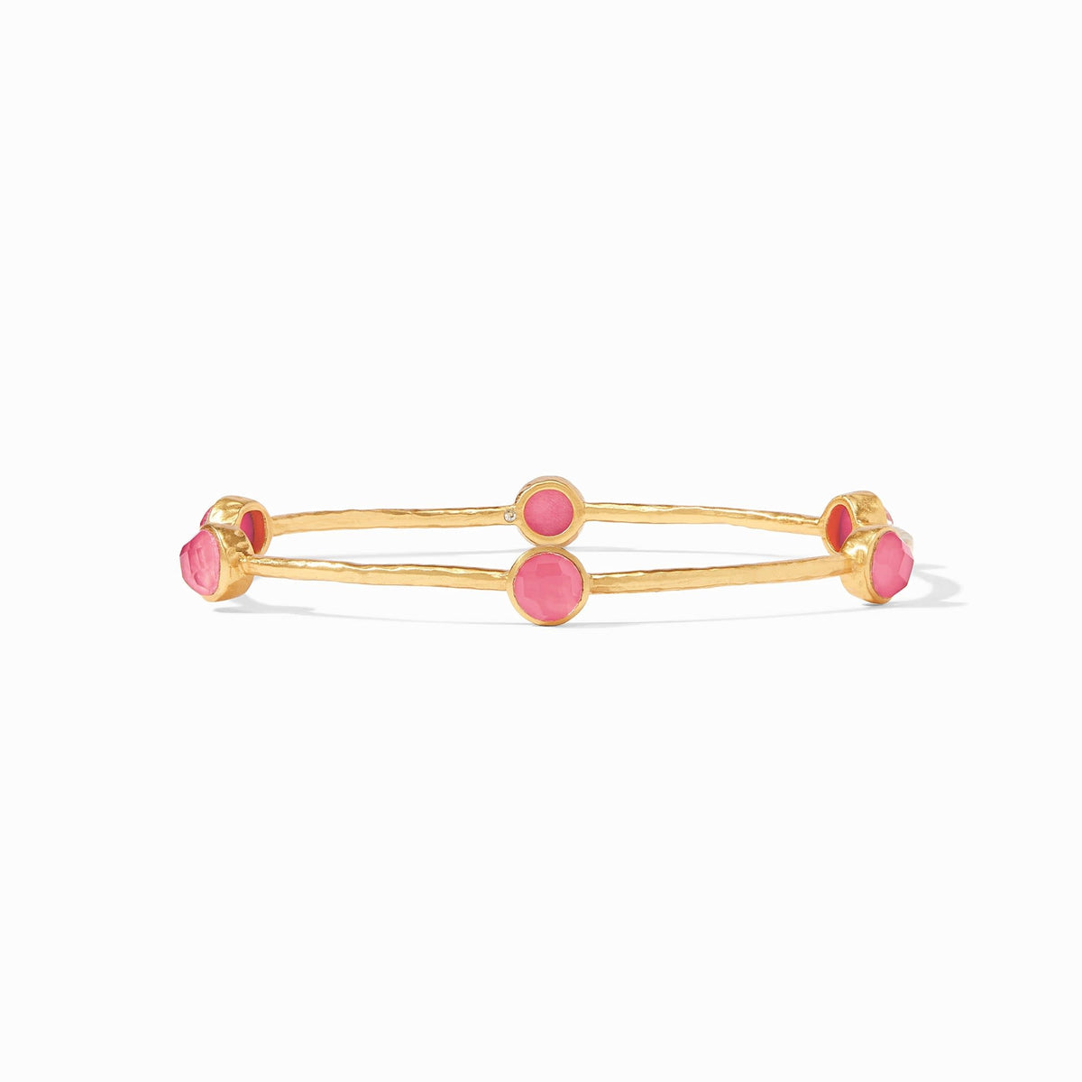 Milano Luxe bangle in peony pink with hammered texture and six iridescent gemstone stations.