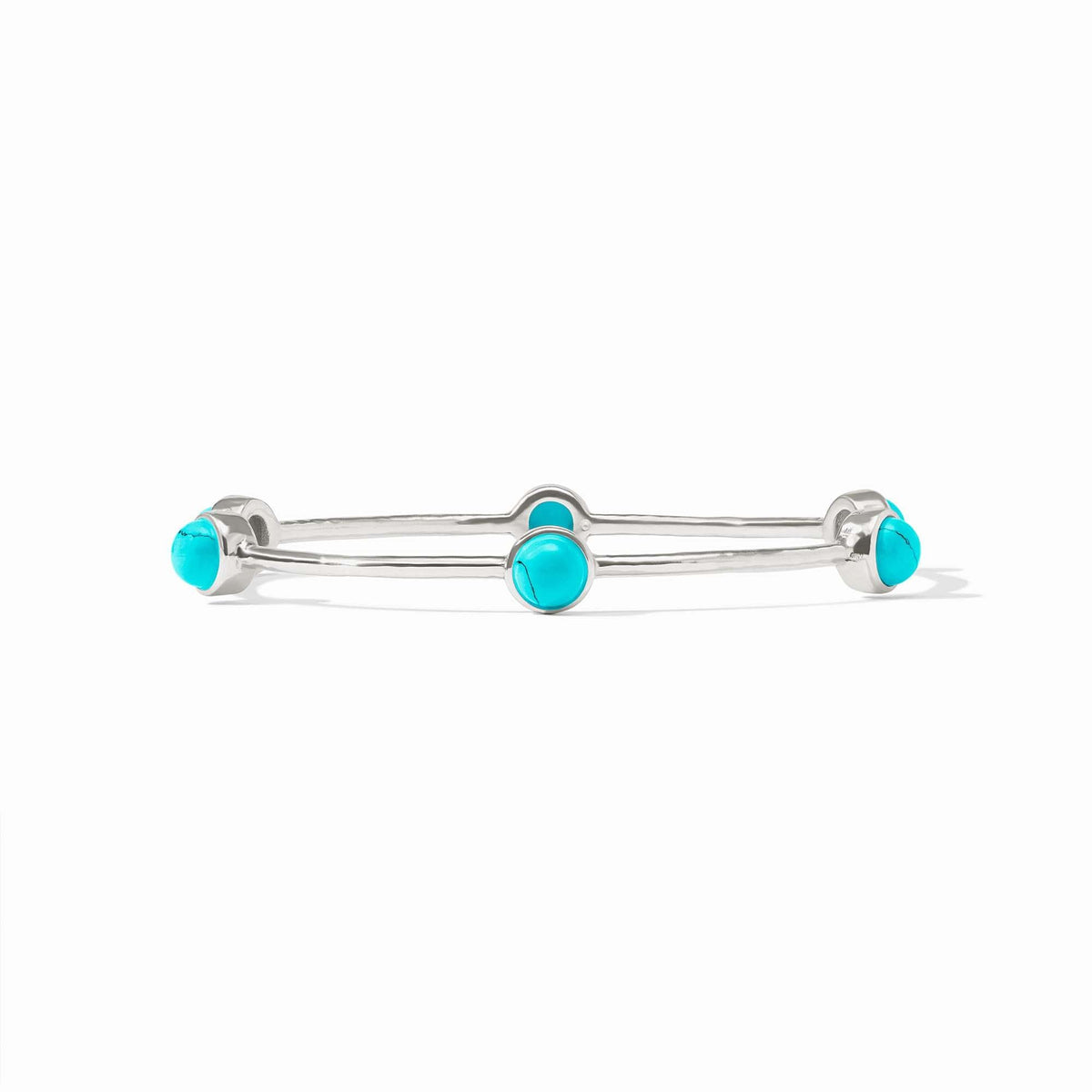 Silver hammered bangle with six iridescent turquoise gemstone stations