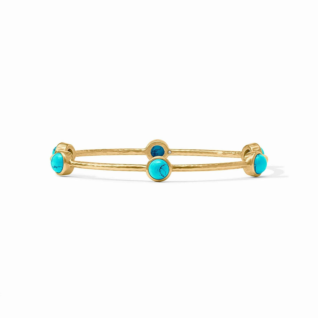 Turquoise blue hammered bangle with six iridescent gemstone stations
