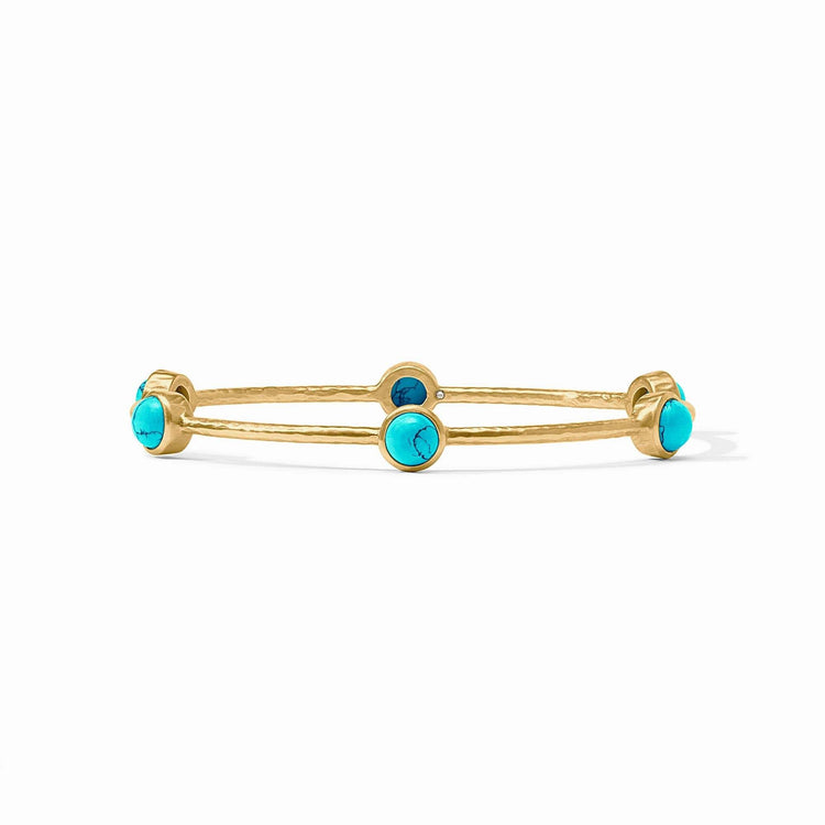 Turquoise blue hammered bangle with six iridescent gemstone stations