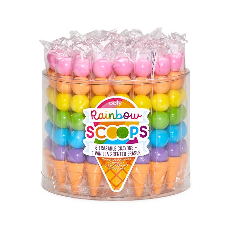 Rainbow Scoops Vanilla Scented Stacking Erasable Crayons in a clear display container.