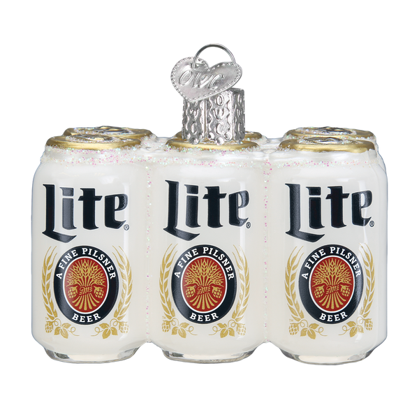 Miller Light six-pack beer ornament with silver can designs on a glossy red finish.
