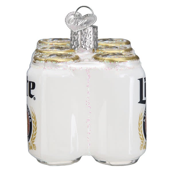 Red Miller Lite six-pack beer ornament with white logo on a glossy finish.