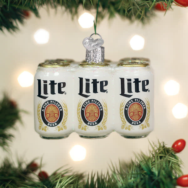 Red Miller Lite six-pack beer ornament with silver text on a glossy finish.