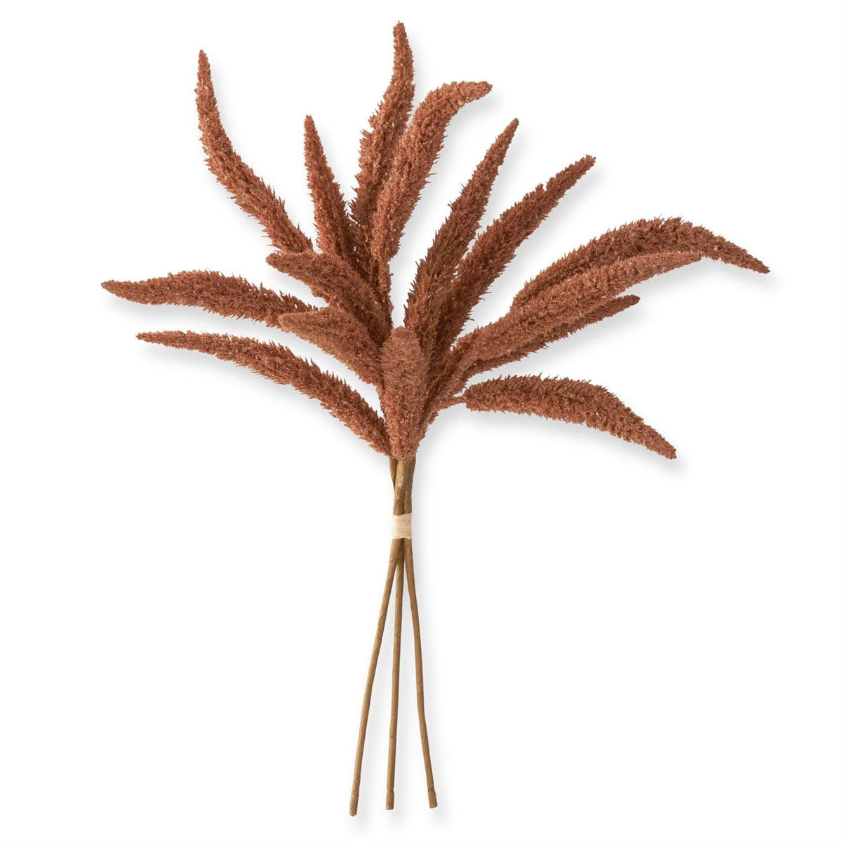 Three stems of artificial millet with natural texture in earthy tones arranged as a rustic floral bundle.