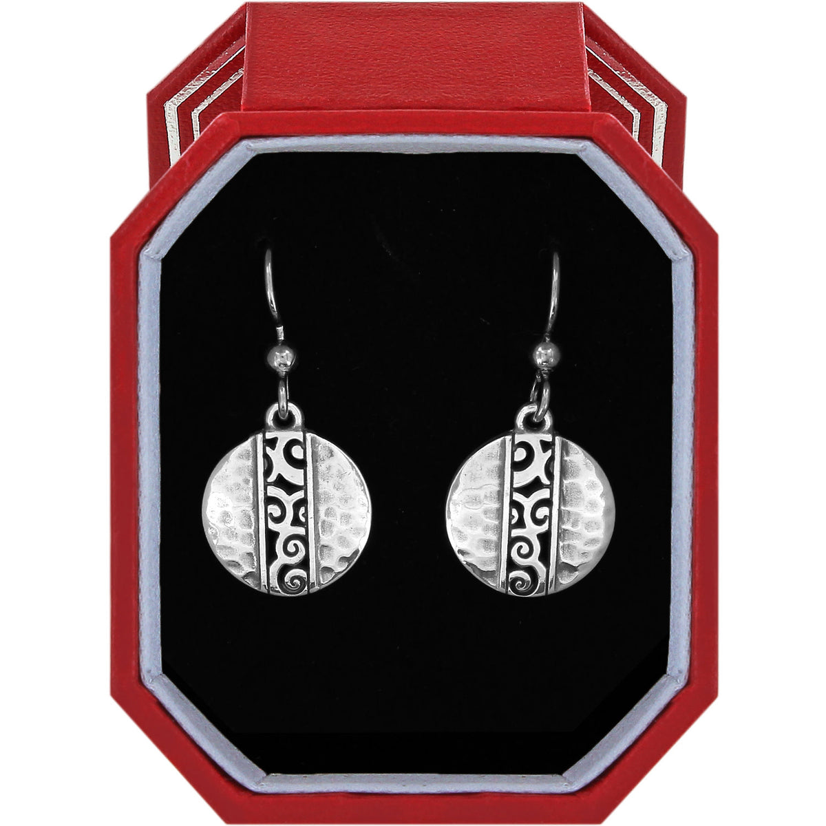 Silver plated French wire earrings with a circular disc pendant in a gift box