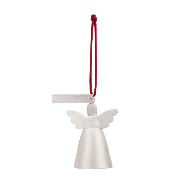 Mini Bell Angel ornament made of metal with an iron finish, featuring a bell silhouette and hanging cord.