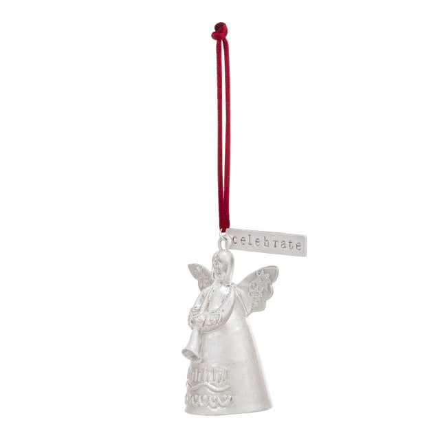 Mini Bell Angel Ornament in silver metal with a cord hanger.