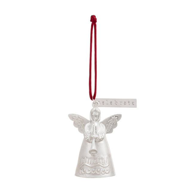 Handmade Mini Bell Angel Ornament in metal with iron finish featuring a bell silhouette and hanging cord.