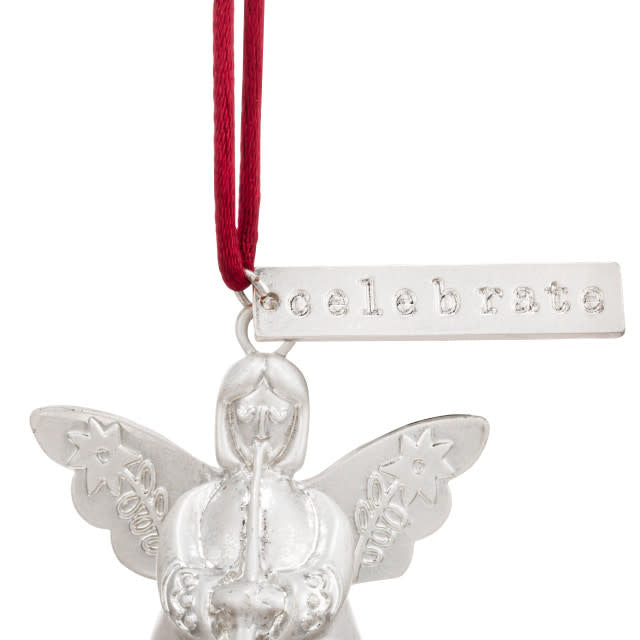 Handmade metal angel ornament with iron finish, cord loop, and bell silhouette.