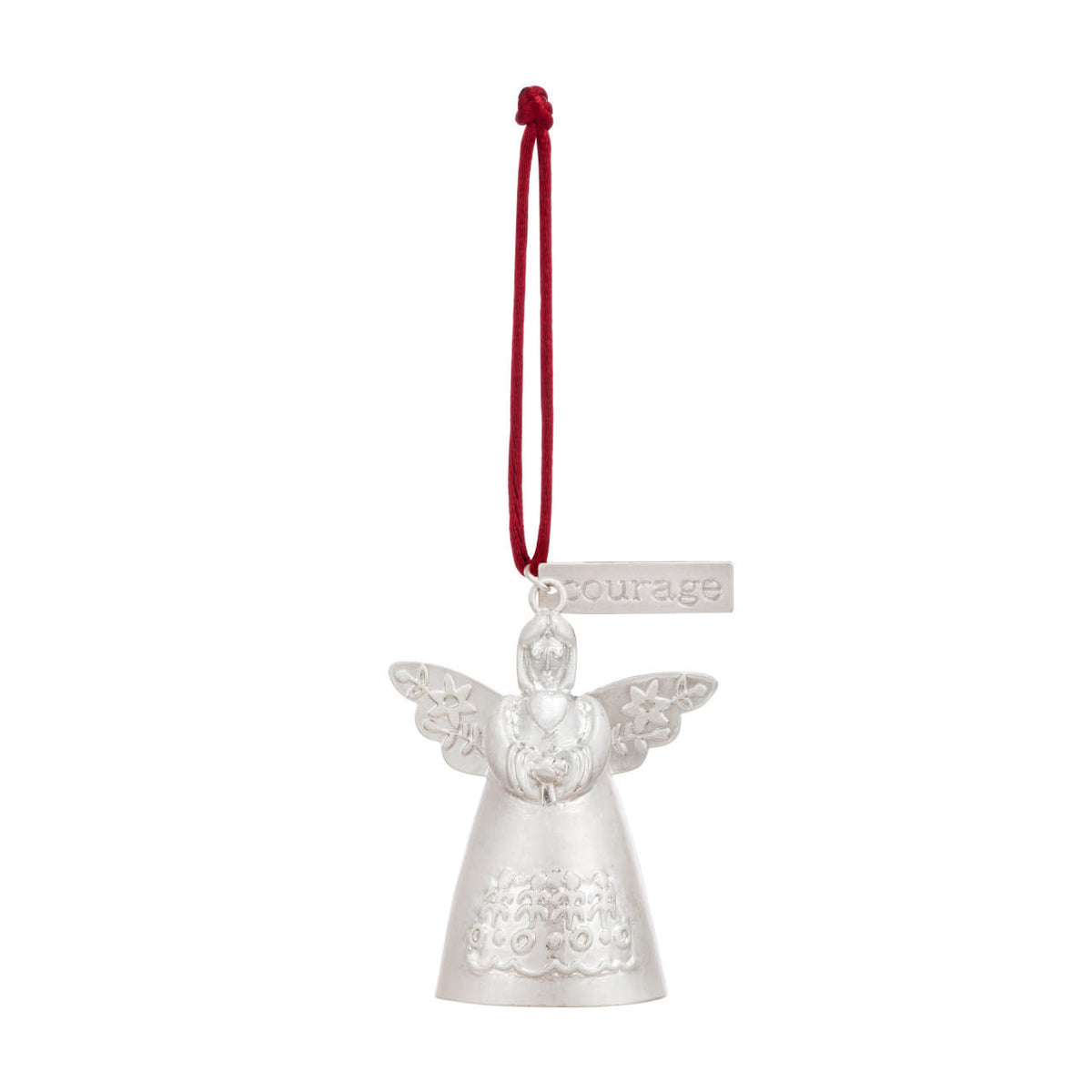 Handmade metal Mini Bell Angel ornament in silver with a gold bell detail.