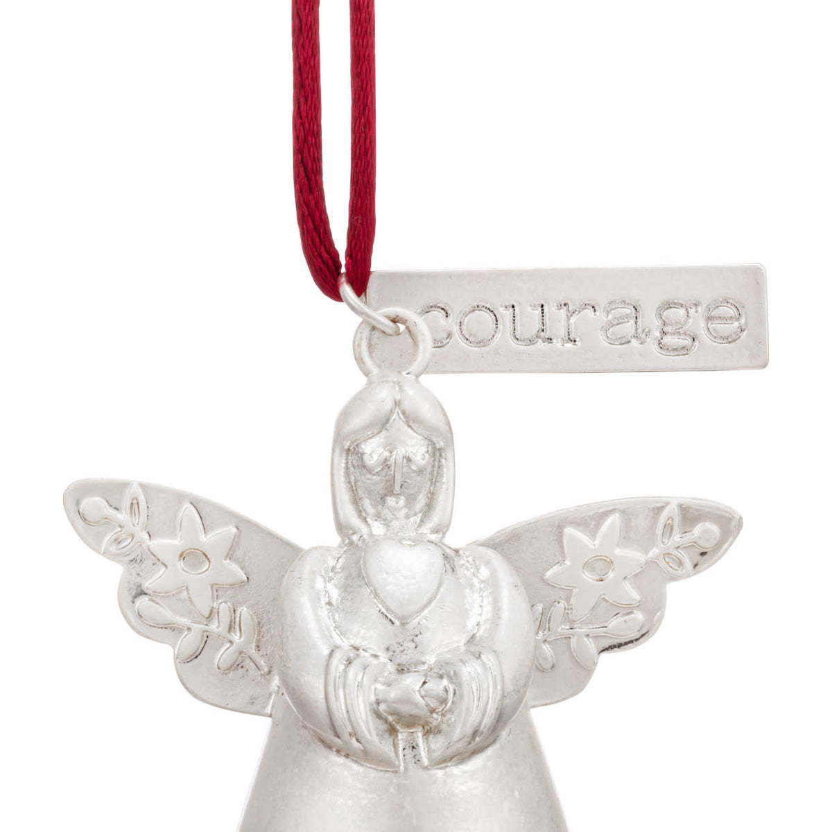Mini metal angel ornament with iron finish, cord loop, bell detail, and wings.