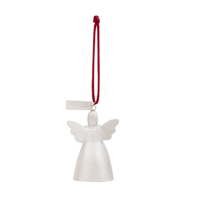 Mini Bell Angel Ornament in metal with iron finish featuring a bell-shaped silhouette on cord