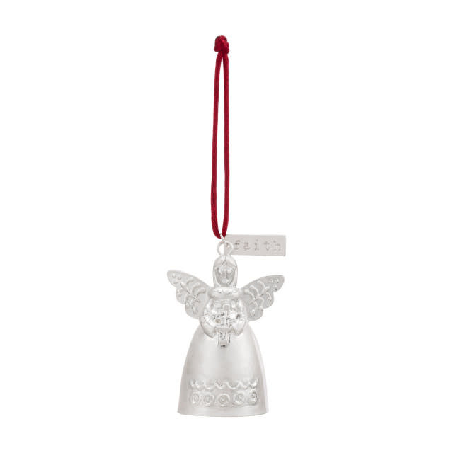 Mini Bell Angel Ornament made of metal with a cord hanger