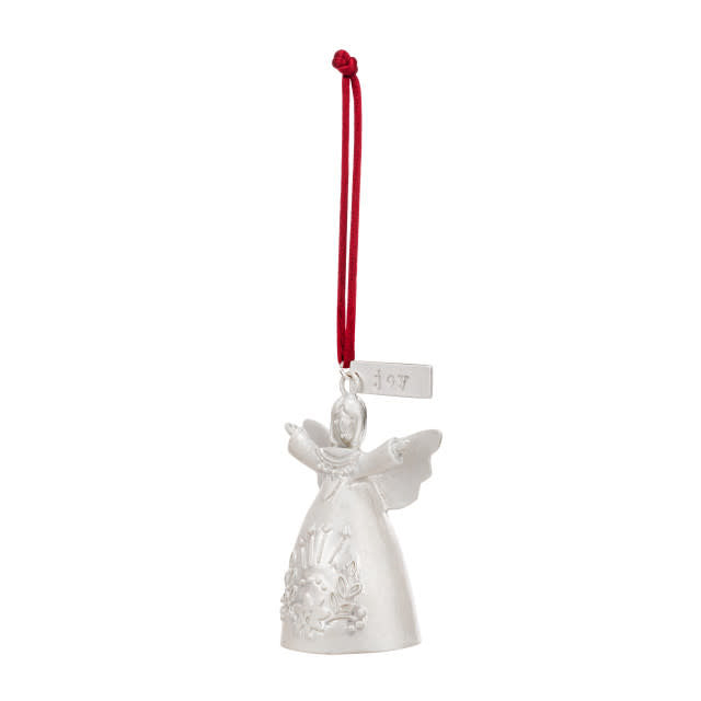 Mini Bell Angel ornament in metal with iron finish, featuring a bell-shaped silhouette on cord.
