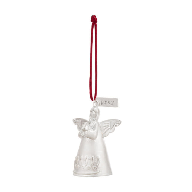 Mini Bell Angel ornament in silver metal with iron accents, featuring a praying silhouette on cord.