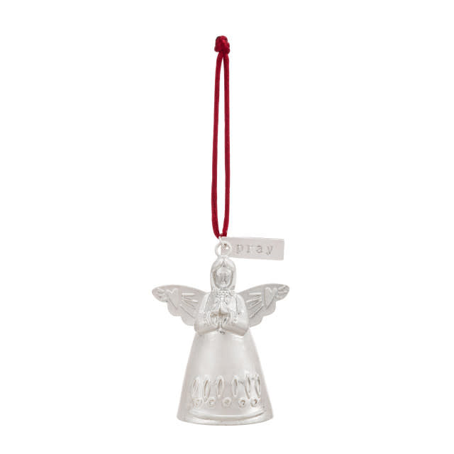 Handmade metal Mini Bell Angel ornament with iron finish, cord loop, and praying silhouette.