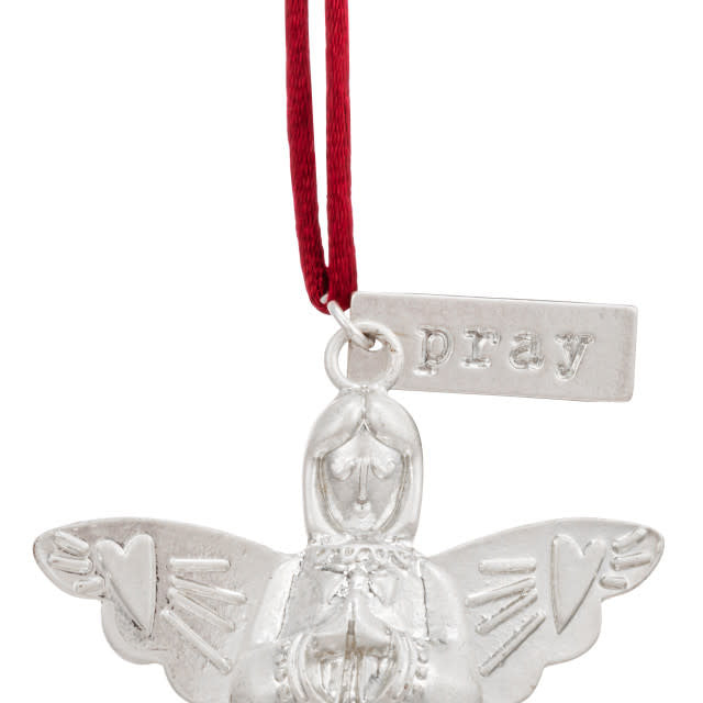 Handmade metal Mini Bell Angel ornament with iron finish, cord loop, and festive silhouette.