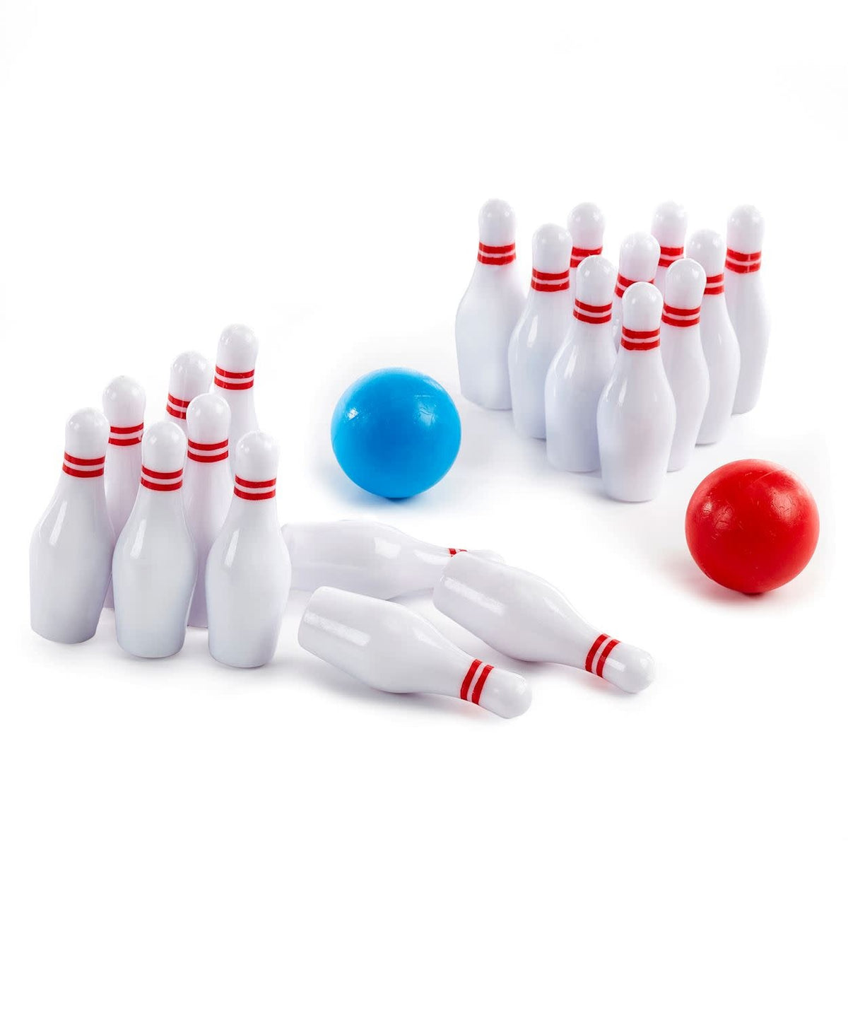 Miniature wooden bowling set with ten pins and one ball on a tabletop.
