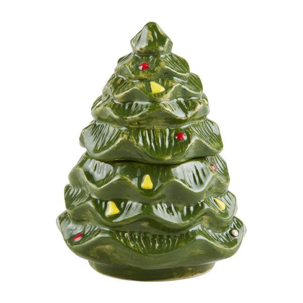 Hand-painted green tree-shaped stoneware candy jar with lid